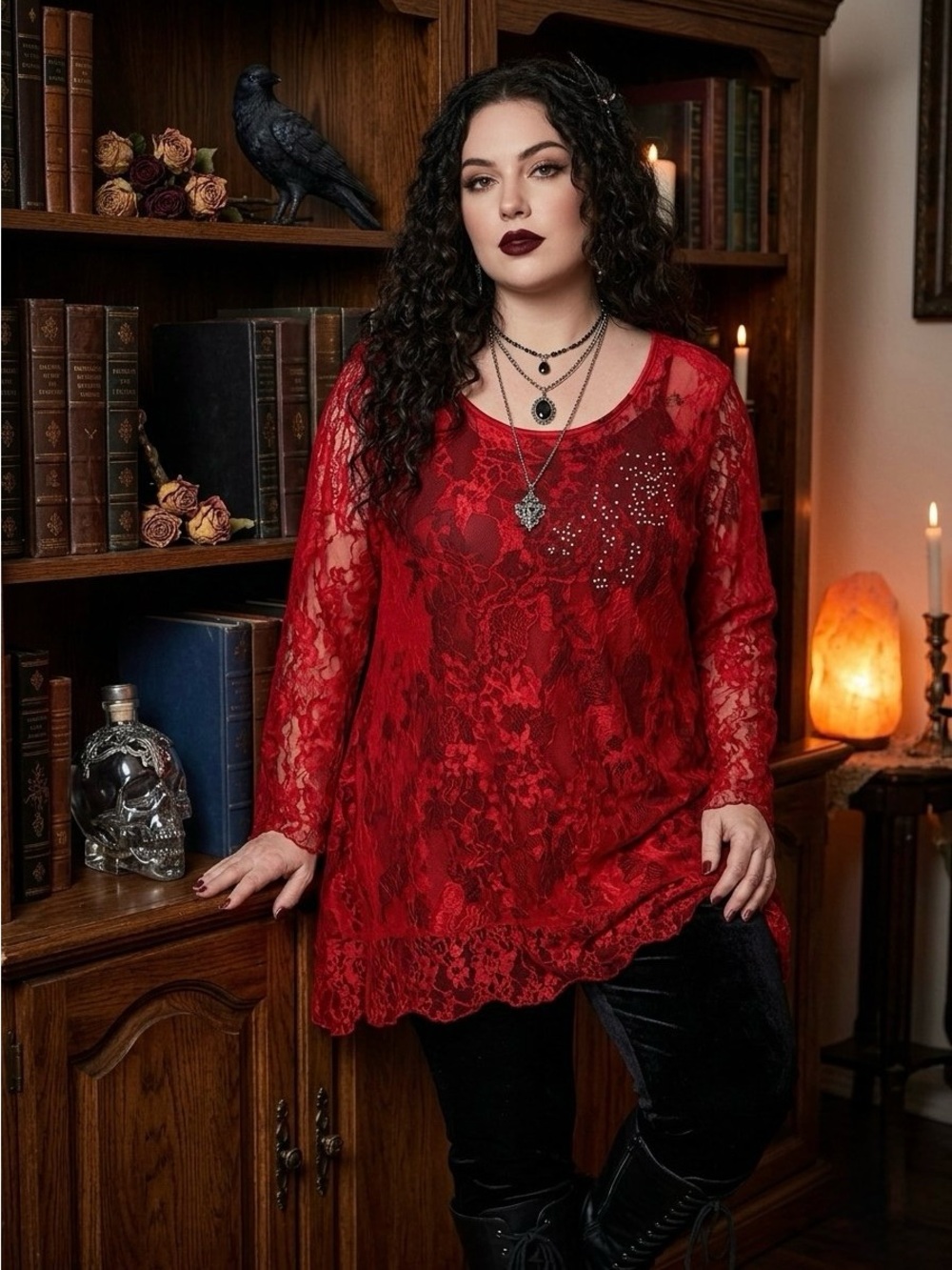 Brittany Black Red Lace Tunic Blouse Rhinestone Plus Size 2X Whimsygoth